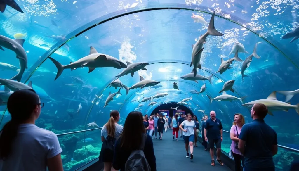 An image of the Oregon Coast Aquarium's underwater tunnel with sharks and marine life swimming around visitors.