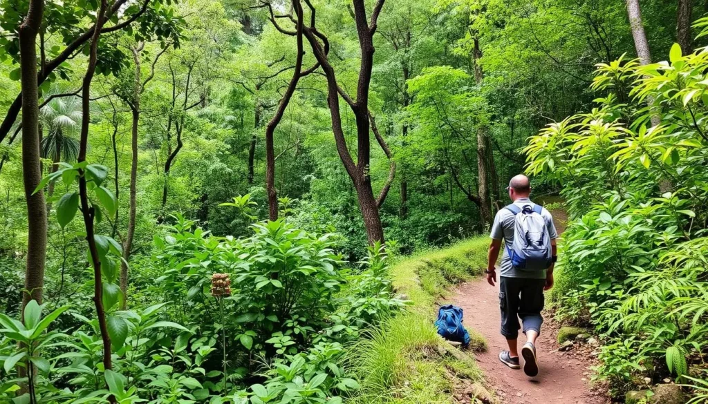 An image of the Parc du Banco Nature Reserve's lush vegetation or a visitor hiking through the trails.