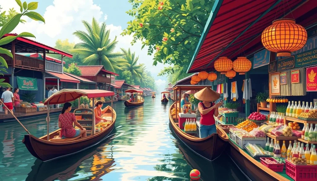 An image of the Pattaya Floating Market with vendors selling goods from traditional Thai boats.