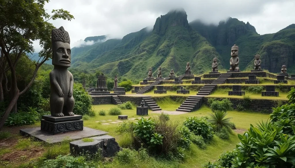 An image of the Puamau archaeological site on Hiva Oa, showcasing ancient tikis and ceremonial platforms.