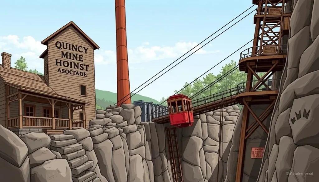An image of the Quincy Mine Hoist Association with a cog rail tram descending into the mine shaft.