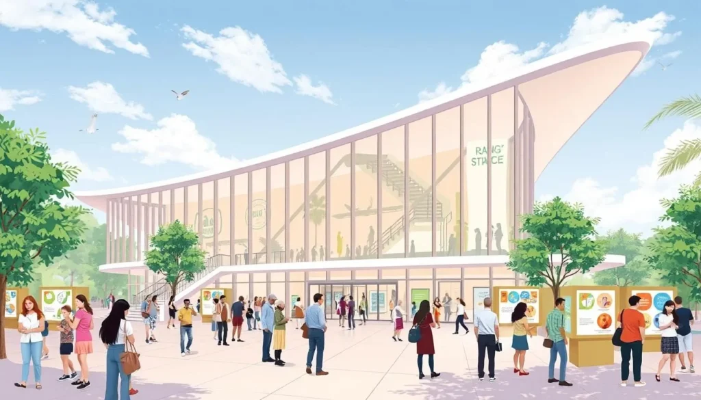 An image of the Rangsit Science Center building with visitors engaging in various interactive exhibits.