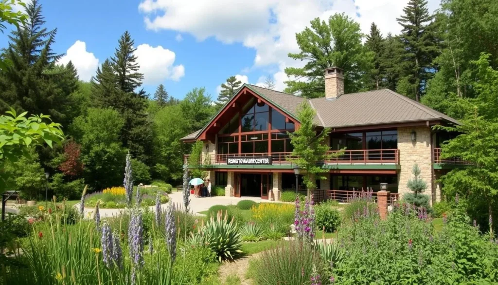 An image of the Remington Nature Center's main building surrounded by nature.