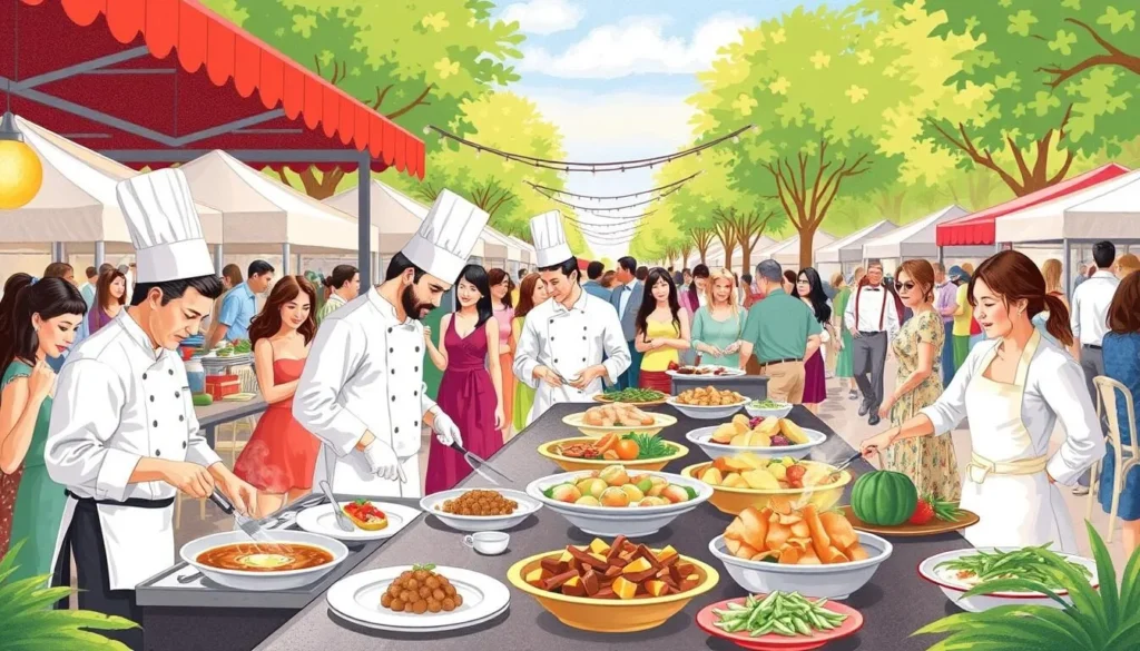 An image of the Savor the Avenue festival with chefs preparing food and people enjoying the culinary delights.