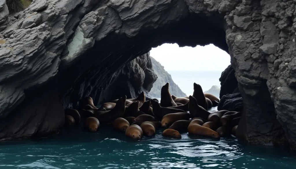 An image of the Sea Lion Caves, a large sea cave with Steller sea lions inside.