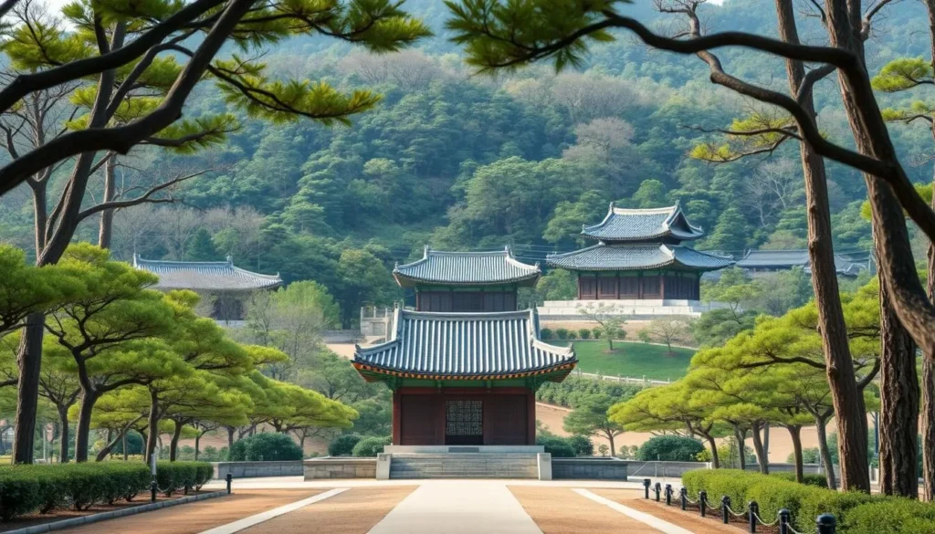 An image of the Seooreung Royal Tombs, showcasing the serene forests and well-maintained pathways, with traditional Korean royal tombs in the foreground.