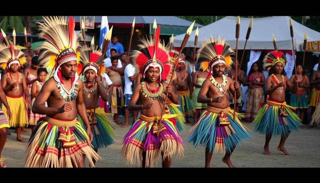 An image of the Spear Dancing Festival in Santa Catalina, Solomon Islands, showcasing vibrant traditional dances.