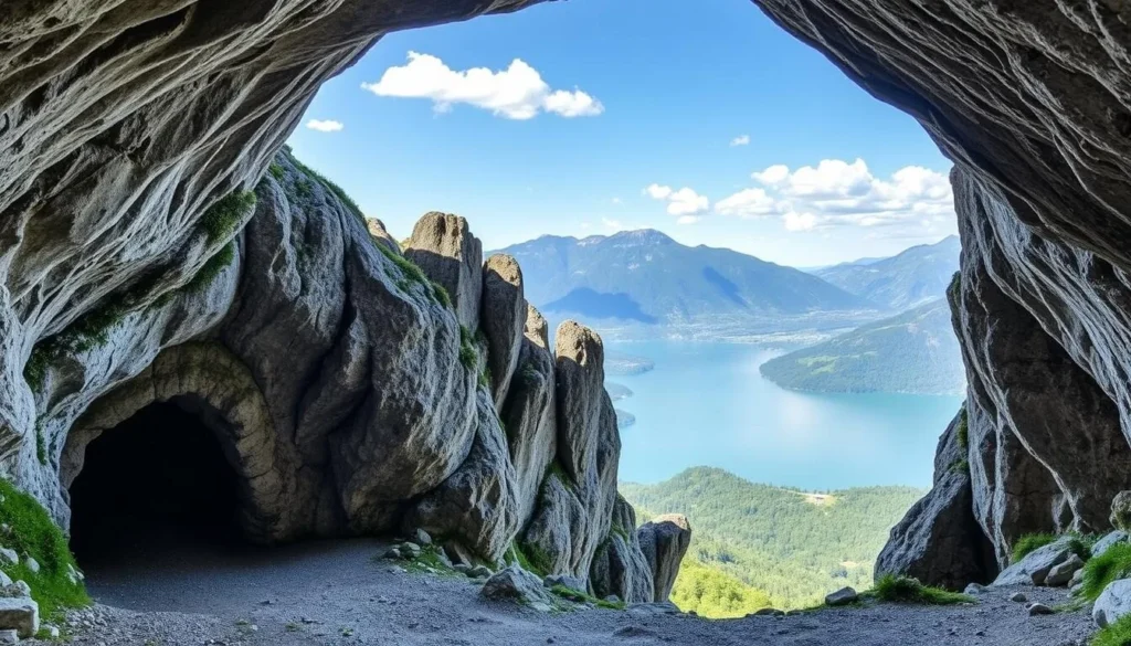 An image of the St. Beatus Caves entrance with a scenic view of Lake Thun in the background.