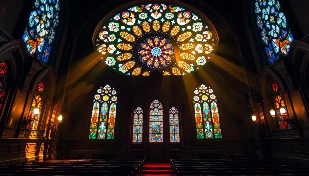 An image of the Stained Glass Theatre's interior with its beautiful stained glass