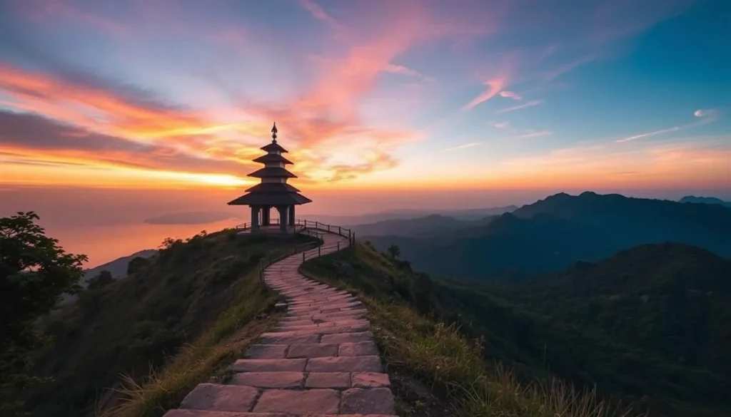 An image of the 'Stairway to Heaven' trail in Kep National Park, Cambodia, with a hilltop pagoda in the background.