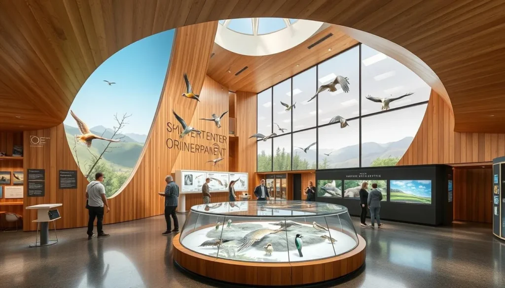 An image of the Swiss Ornithological Institute's modern visitor center with interactive exhibits.