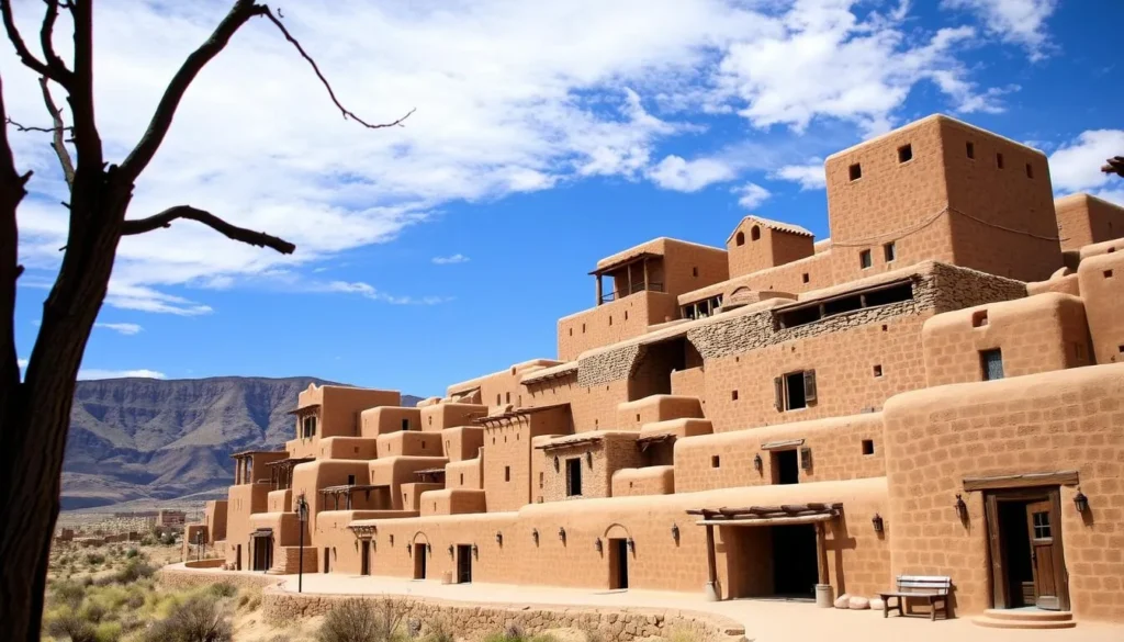 An image of the Taos Pueblo multi-story adobe buildings