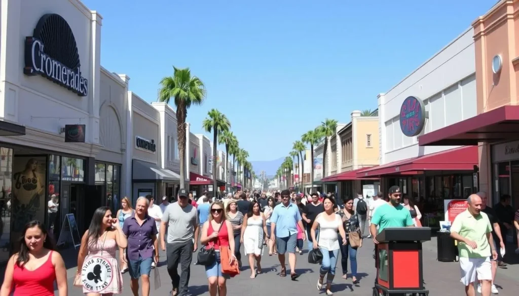 An image of the Third Street Promenade in Santa Monica, showing people walking and shopping along the pedestrian-friendly street.