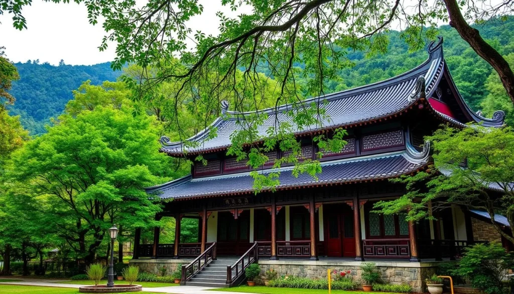 An image of the Weaverville Joss House State Historic Park, showcasing its traditional Chinese architecture and serene surroundings.