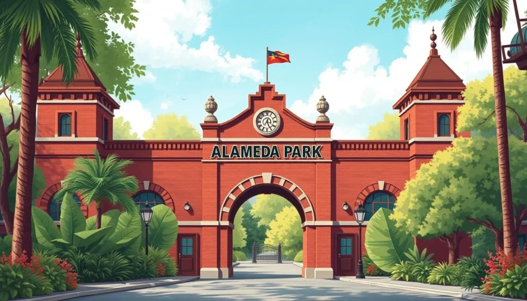 An image of the entrance of Alameda Park Zoo, showcasing its historic architecture and lush surroundings.