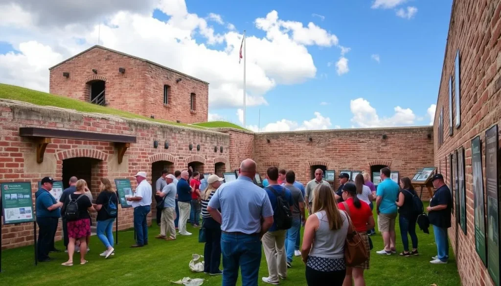 An image of the historic Fort Massachusetts on Ship Island, with a guided tour in progress.