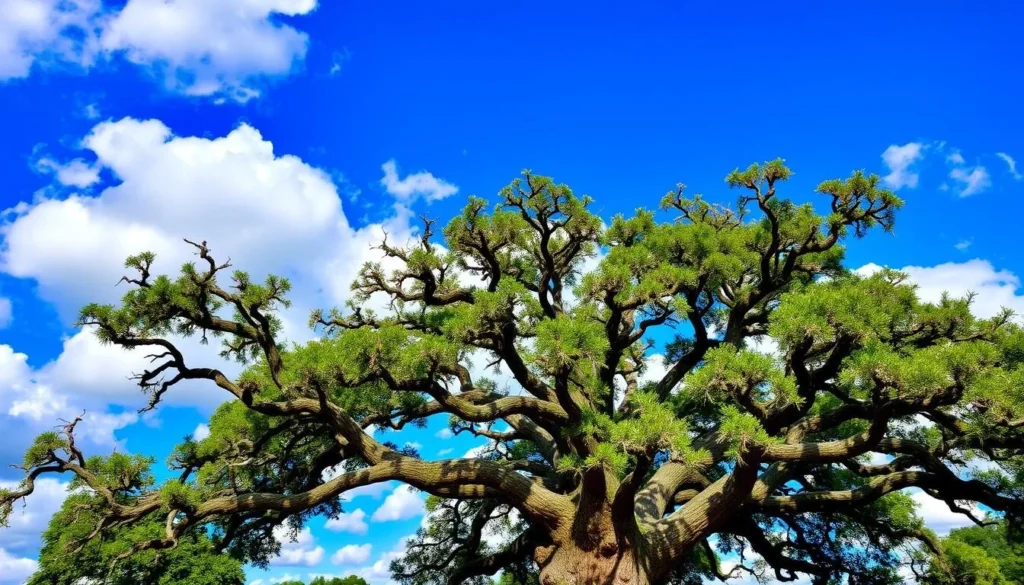 An image of the majestic Friendship Oak, with its sprawling canopy and twisted limbs, set against a clear blue sky.