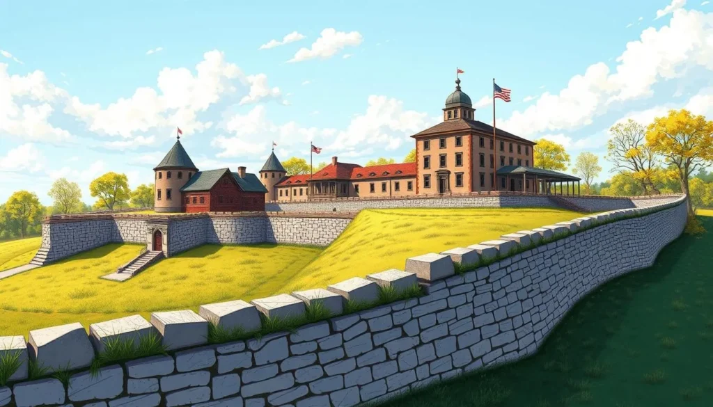 An image of the reconstructed Fort Kaskaskia with its stone walls and historic buildings.