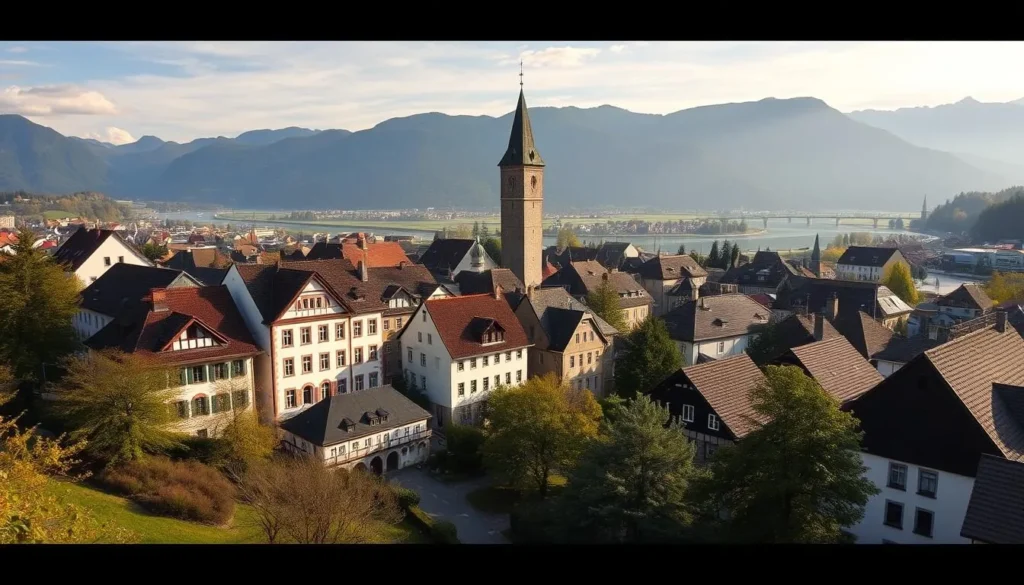 An image of the town of Schwyz with its historic houses.