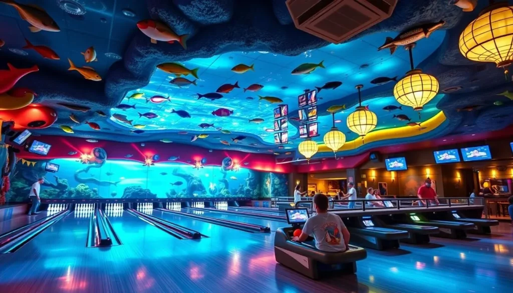 An image of the underwater-themed bowling area at Uncle Buck's FishBowl and Grill.