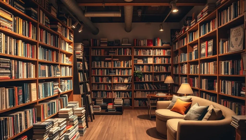 An inviting image of a cozy bookstore with shelves of books and comfortable reading nooks.