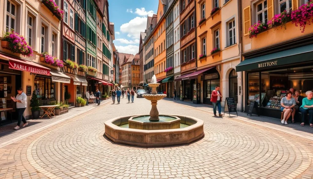An inviting street scene in the historic old town of Fribourg, Switzerland. The sun-dappled cobblestones are lined with charming cafes, galleries, and boutiques. Colorful facades of 17th-century buildings rise up on either side, their ornate architecture and window boxes overflowing with flowers. People stroll leisurely, pausing to admire local artworks and crafts displayed in shop windows. A central fountain gurgles softly, adding to the tranquil, picturesque atmosphere. Capture the vibrant, artistic spirit of this enchanting Swiss city.
