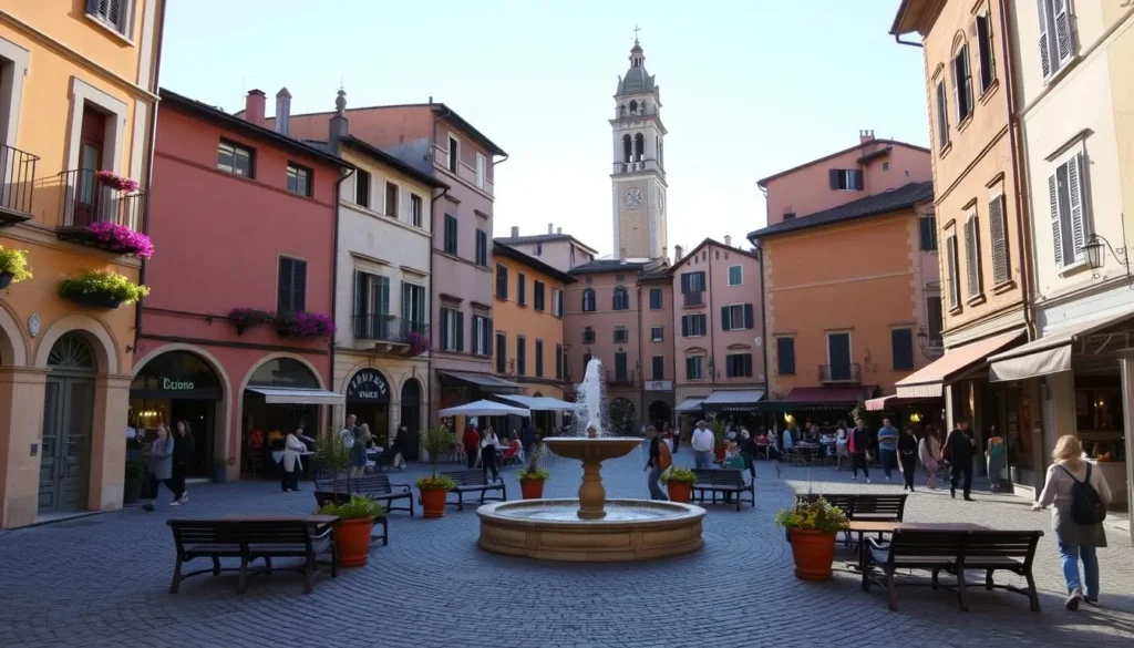 An inviting town square in Busto Arsizio, Italy, bathed in warm afternoon sunlight. Cobblestone streets wind past charming historic buildings with ornate facades, their warm terracotta tones accented by lush potted plants and flowers cascading from window boxes. A central fountain gurgles soothingly, surrounded by benches where locals and visitors alike pause to soak in the serene atmosphere. Towering campanile bells chime softly in the distance, their melodic tones echoing through the quaint piazza. Pedestrians stroll leisurely, stopping to admire the artisanal shops and lively cafes that spill out onto the plaza. An idyllic hidden gem, offering a glimpse into the timeless allure of northern Italy.