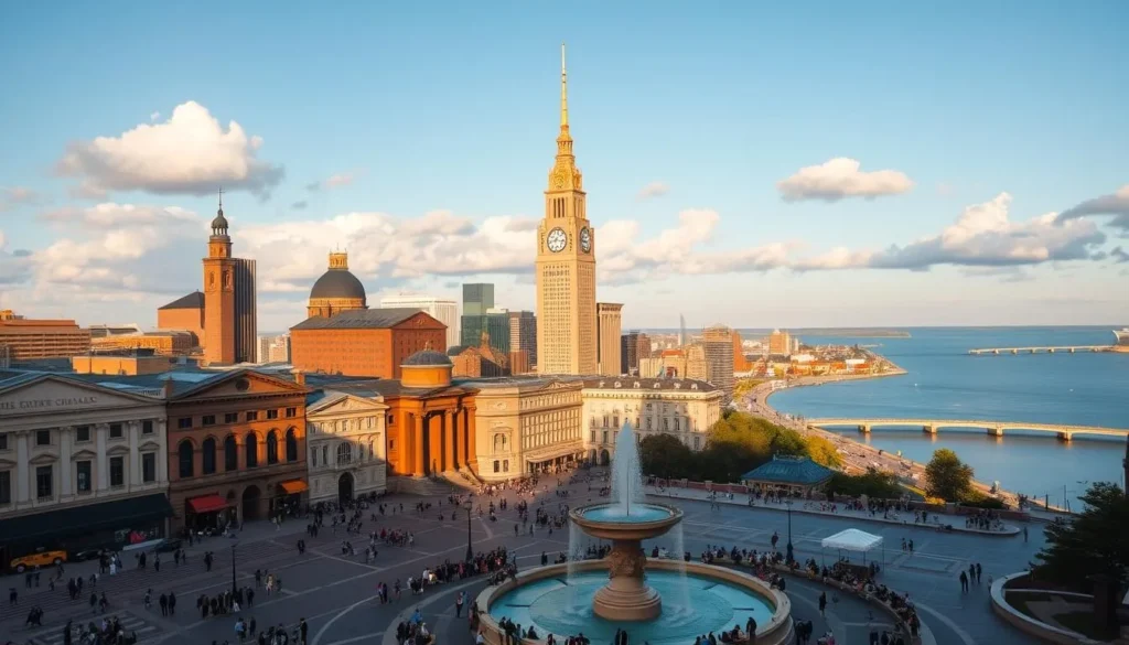 An ornate and historic city skyline of Cleveland, Ohio, bathed in warm golden sunlight. In the foreground, a bustling public square with a grand fountain, surrounded by stately neoclassical buildings housing museums, theaters, and cultural institutions. Diverse crowds of residents and visitors stroll, dine, and admire the architecture. In the middle ground, the iconic Terminal Tower rises majestically, its gilded Art Deco spire gleaming. Behind it, the shores of Lake Erie stretch out, with the picturesque Cuyahoga River winding through. A crisp, clear sky with fluffy white clouds completes the serene and vibrant scene, capturing the essence of Cleveland's rich cultural heritage.