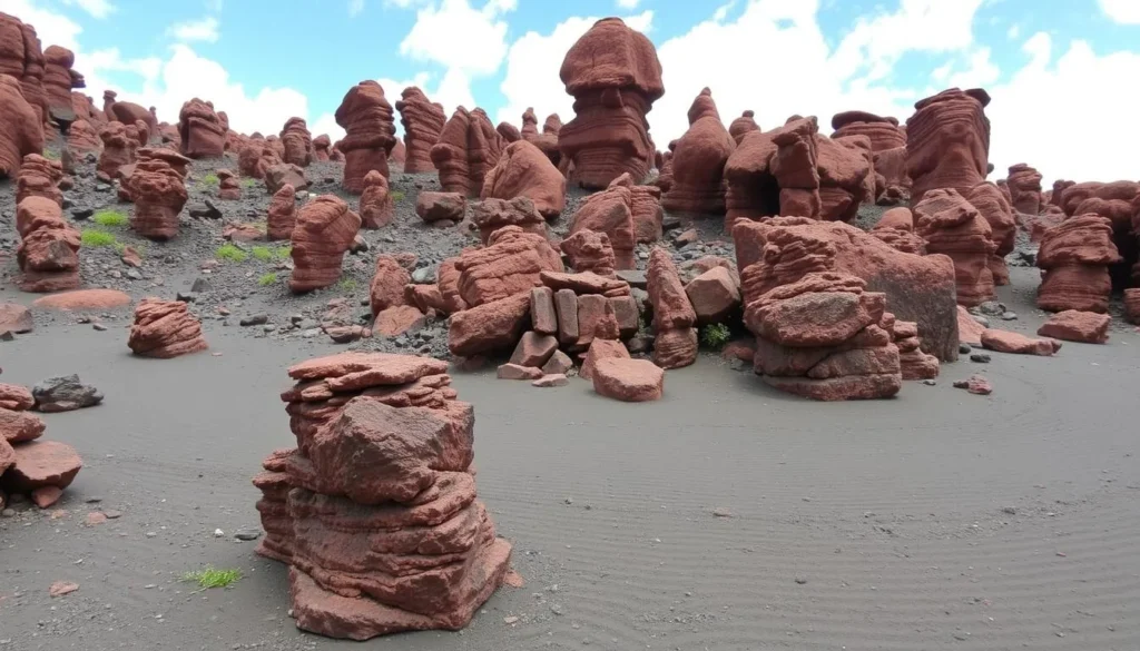 An otherworldly volcanic rock garden on the uplands of western Lānaʻi, with red rock formations sculpted by wind and erosion.