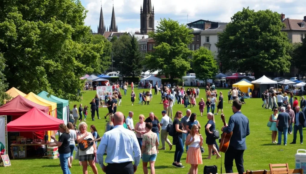 An outdoor cultural event in Dublin on a vibrant summer day. Colorful festival tents and stalls dot a lush green park, with people milling about, browsing the local arts, crafts, and cuisine. In the foreground, a group of musicians perform traditional Irish music, their instruments and attire capturing the cultural spirit. In the middle ground, families and friends gather, enjoying the lively atmosphere and the mild sunshine. In the background, the iconic spires and facades of Dublin's historic architecture provide a picturesque backdrop, creating a harmonious blend of modern celebration and timeless heritage.
