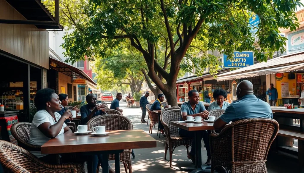 An outdoor dining scene in a charming cafe along the bustling streets of Blantyre-Limbe, Malawi. A group of friends sipping coffee and enjoying a leisurely meal under the dappled sunlight filtered through lush, verdant trees. Wicker chairs and rustic wooden tables create a cozy, inviting atmosphere. In the background, glimpses of lively shops and colorful local culture. Soft, warm lighting casts a gentle glow, reflecting the relaxed, convivial mood. The image conveys the vibrant energy and community spirit of this vibrant urban area.