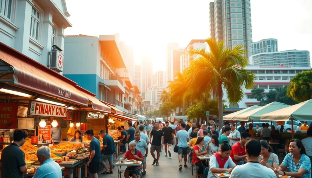 An outdoor street scene in Singapore, showcasing the vibrant food culture. In the foreground, a bustling hawker center with various stalls selling an array of local delicacies like laksa, char kway teow, and satay. The middle ground features a mix of people enjoying their meals at the open-air tables, creating a lively atmosphere. In the background, a blend of traditional shophouses and modern high-rises, reflecting the city's rich heritage and progress. Warm, natural lighting filters through, casting a golden glow over the scene. The overall composition captures the essence of Singapore's culinary diversity and the communal spirit of its food culture.