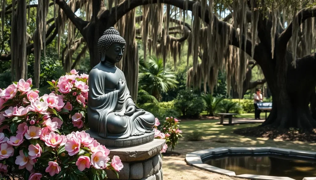 Ancient Buddha statue surrounded by camellias in Jungle Gardens on Avery Island, Louisiana Ancient Buddha statue surrounded by camellias in Jungle Gardens on Avery Island, Louisiana