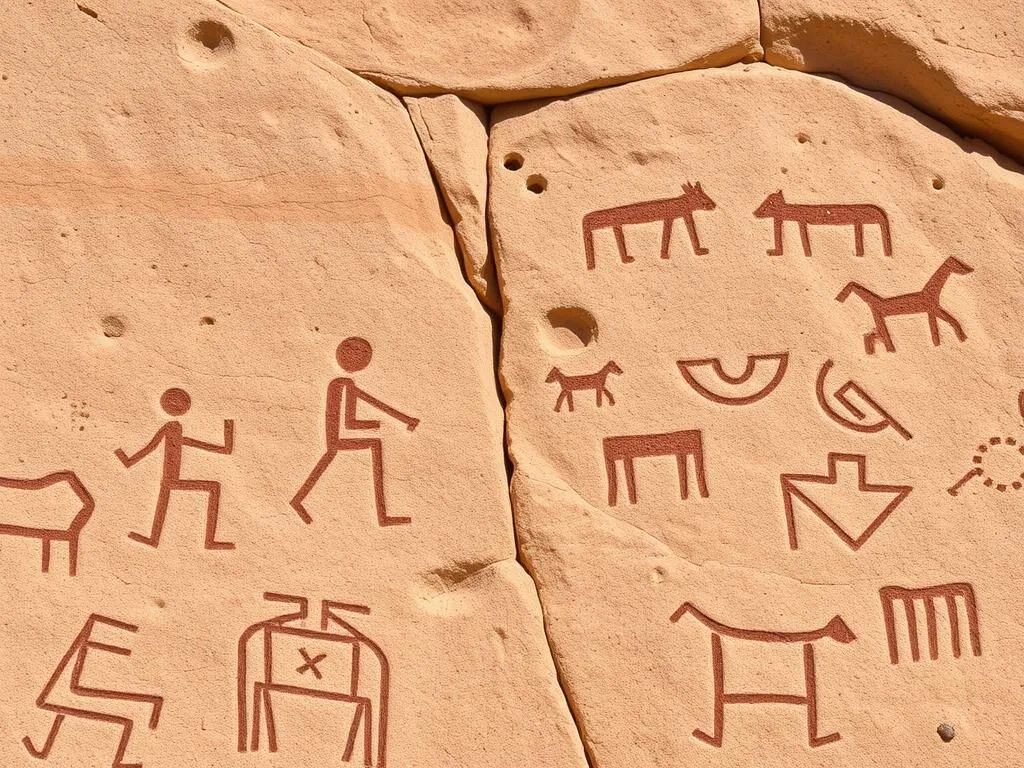 Ancient petroglyphs carved into the rock walls at Bandelier National Monument Ancient petroglyphs carved into the rock walls at Bandelier National Monument