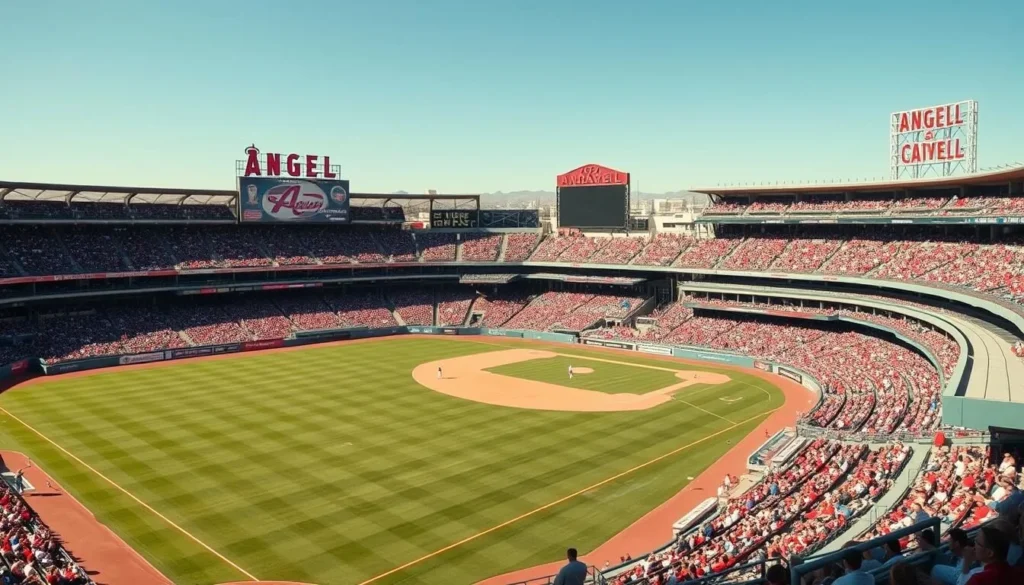 Angel Stadium in Anaheim California during a baseball game with a crowd of spectators Angel Stadium in Anaheim California during a baseball game with a crowd of spectators