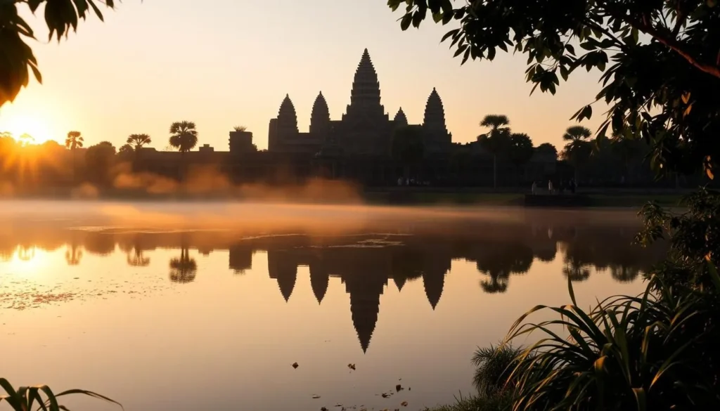 Angkor Wat at dawn, its iconic silhouette reflected in the still waters of the moat. Warm, golden light filters through the morning mist, illuminating the intricate carvings and towering spires of the temple complex. A few early visitors explore the grounds, capturing the serene, timeless atmosphere. The scene is framed by lush tropical foliage, creating a tranquil, otherworldly ambiance. Capture the majesty and mystery of this ancient wonder, as the sun rises over the Cambodian landscape.