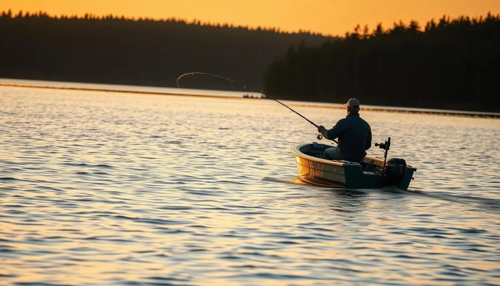 Angler fishing from a boat on Barren River Lake with a scenic backdrop Angler fishing from a boat on Barren River Lake with a scenic backdrop