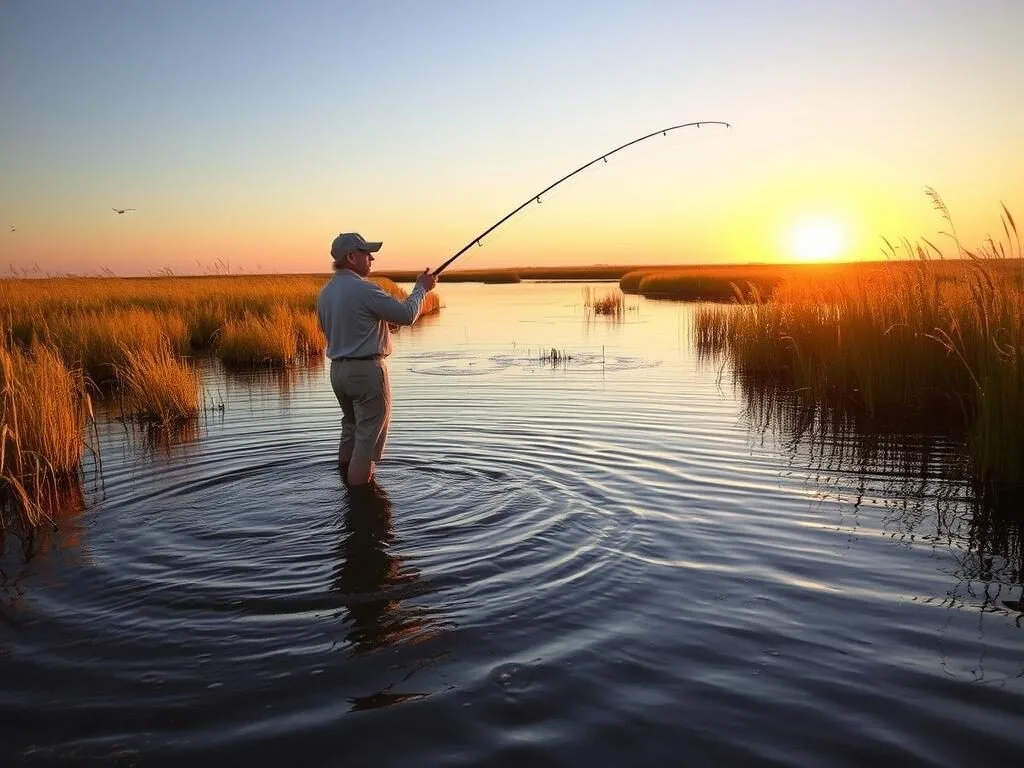 Angler fly fishing in the tidal creeks of Little St. Simons Island at sunset Angler fly fishing in the tidal creeks of Little St. Simons Island at sunset