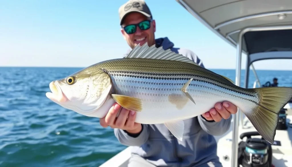 Angler holding a large striped bass caught at Lake Texoma, Oklahoma Angler holding a large striped bass caught at Lake Texoma, Oklahoma