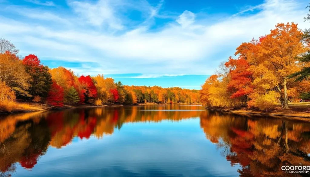 Anniston in fall with colorful autumn foliage around Oxford Lake Anniston in fall with colorful autumn foliage around Oxford Lake
