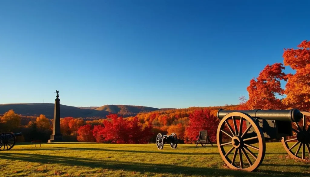 Antietam National Battlefield Maryland in autumn with colorful fall foliage surrounding monuments and cannons Antietam National Battlefield Maryland in autumn with colorful fall foliage surrounding monuments and cannons