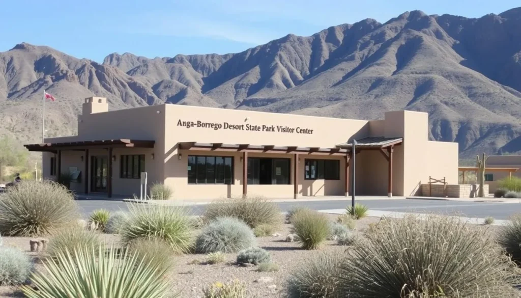Anza-Borrego Desert State Park Visitor Center with desert garden and mountain backdrop Anza-Borrego Desert State Park Visitor Center with desert garden and mountain backdrop