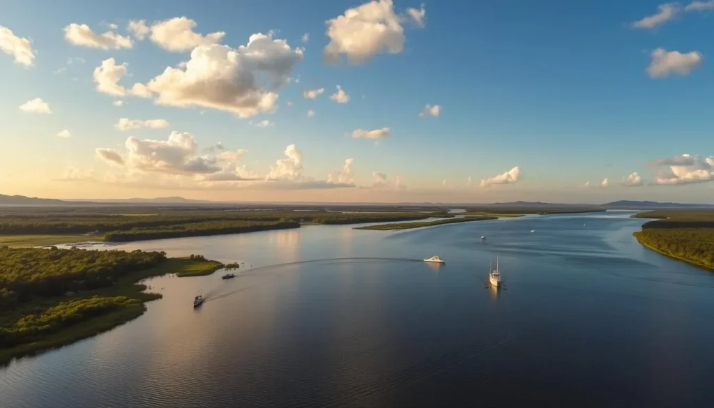 Apalachicola River view from Chattahoochee with boats and scenic landscape Apalachicola River view from Chattahoochee with boats and scenic landscape