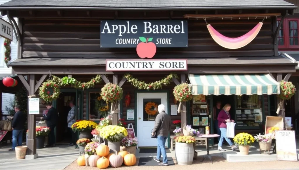 Apple Barrel Country Store exterior with seasonal decorations and shoppers Apple Barrel Country Store exterior with seasonal decorations and shoppers
