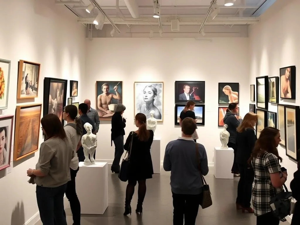 Art gallery exhibition at Studio Montclair showing contemporary artwork and visitors Art gallery exhibition at Studio Montclair showing contemporary artwork and visitors