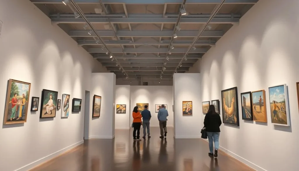 Art gallery exhibition in Genesee County featuring local artists' work with visitors admiring paintings Art gallery exhibition in Genesee County featuring local artists' work with visitors admiring paintings