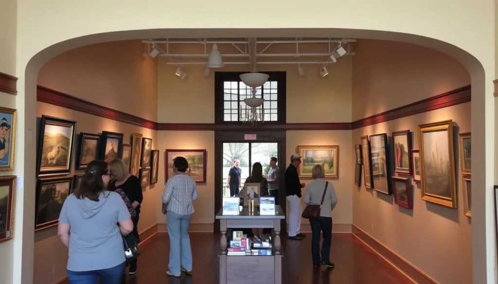 Art gallery in Nevada City with local artwork displayed and visitors browsing Art gallery in Nevada City with local artwork displayed and visitors browsing