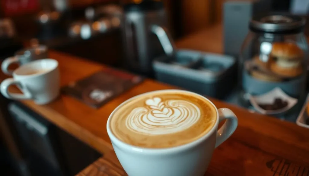 Artfully prepared latte with latte art at PT's Coffee in Topeka Artfully prepared latte with latte art at PT's Coffee in Topeka