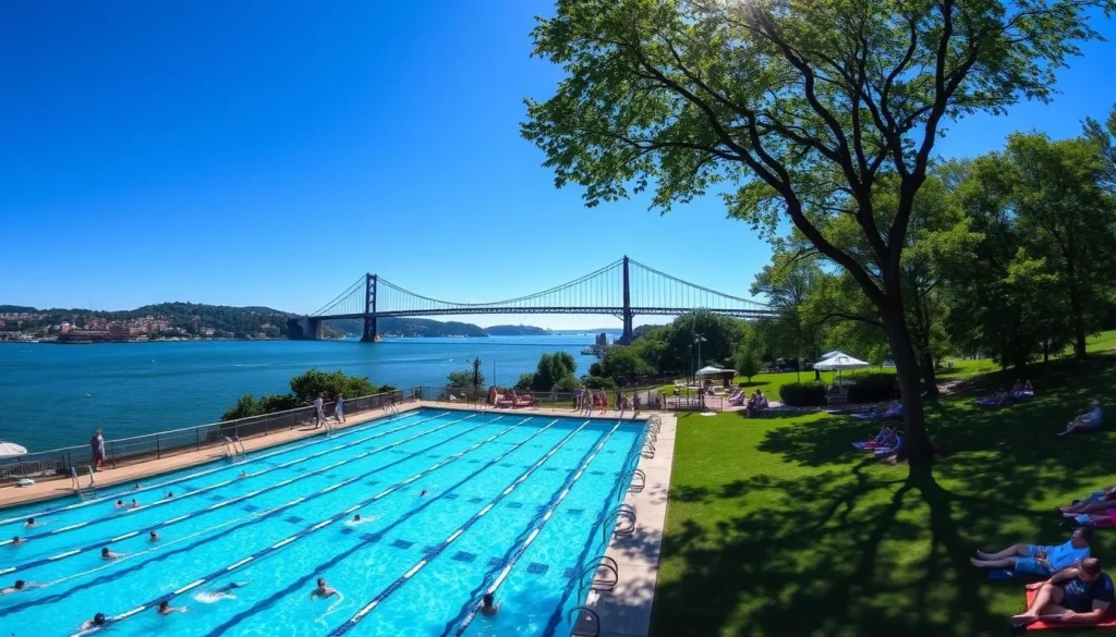 Astoria Park pool with Hell Gate Bridge view in Queens Astoria Park pool with Hell Gate Bridge view in Queens