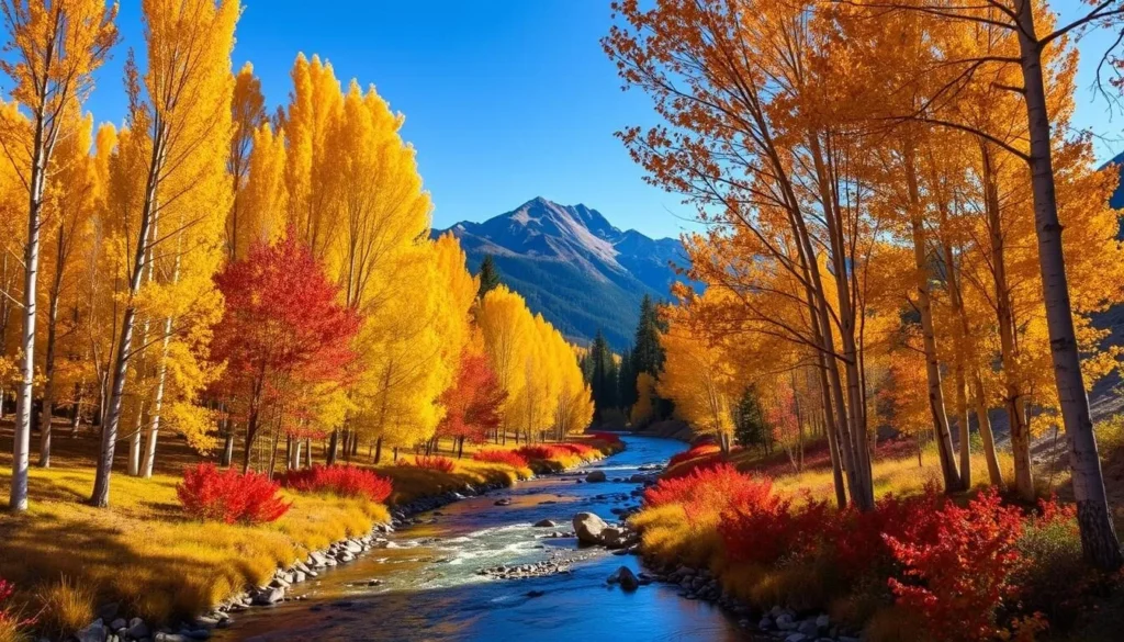 Autumn colors in Sierra County with golden aspen trees along a mountain stream Autumn colors in Sierra County with golden aspen trees along a mountain stream